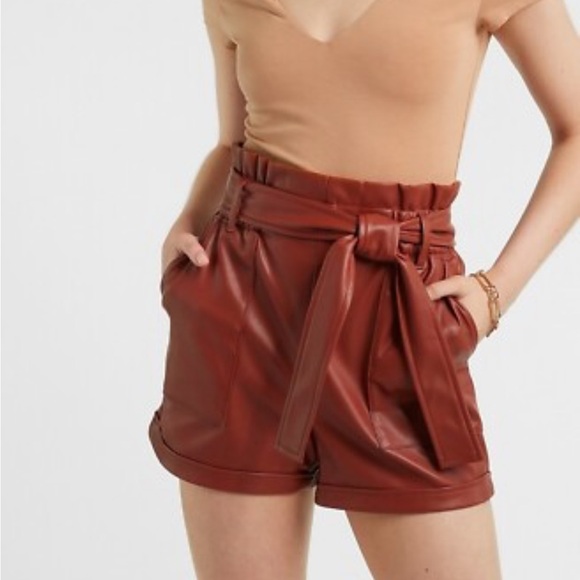 Elan Women's High-Waisted Faux Leather Paperbag Waist Shorts - Cognac Brown XS - Picture 1 of 9